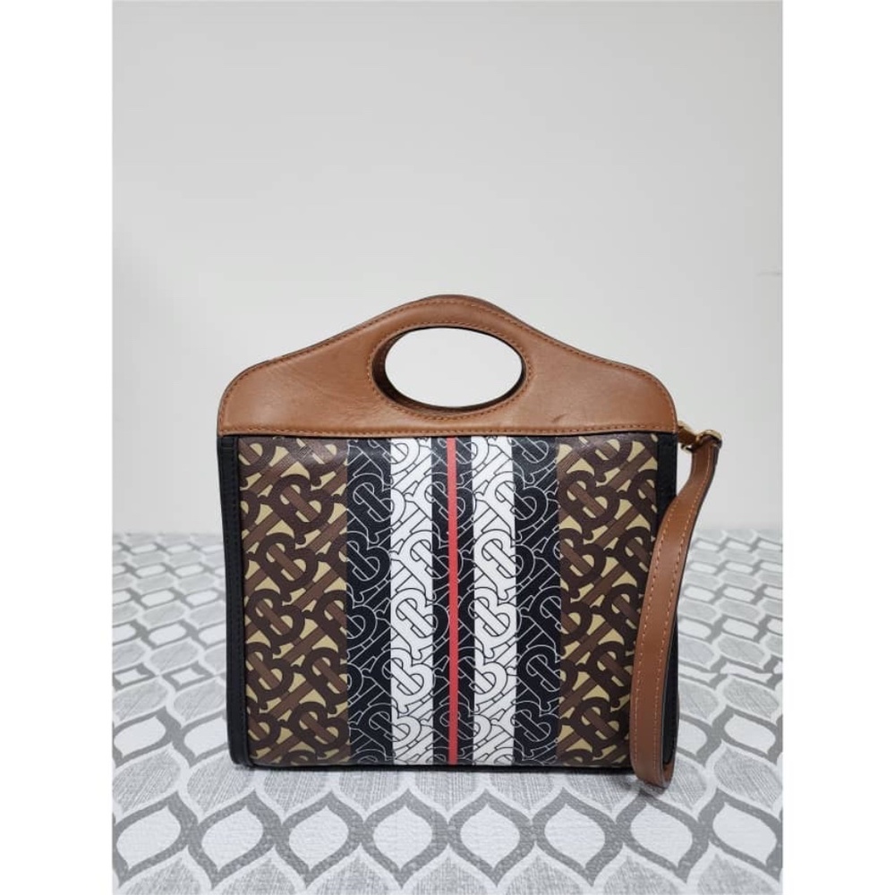 Authentic BURBERRY Pocket Mini Monogram Stripe E-Canvas Shoulder Bag Brown/Black - Picture 4 of 15